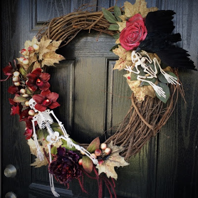 Halloween Wreath - skeleton, blood dripped leaves, purple roses painted red, and a crow