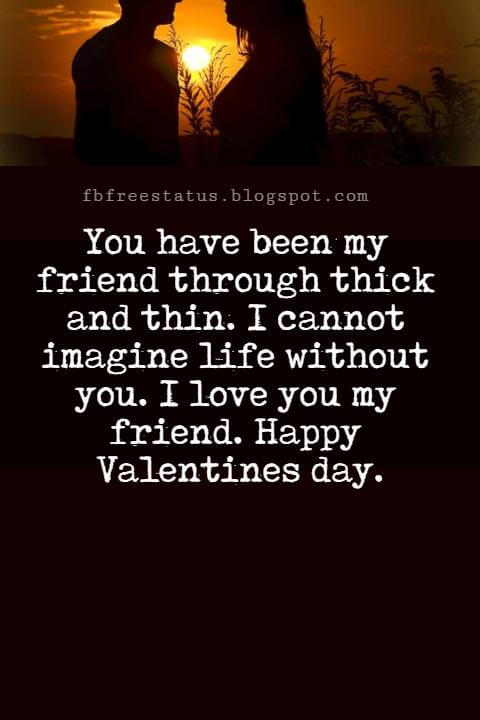 Valentines Day Messages For Friends, You have been my friend through thick and thin. I cannot imagine life without you. I love you my friend. Happy Valentines day.