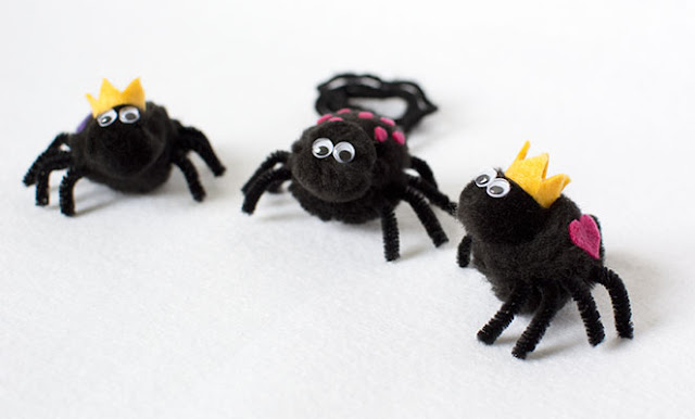 Cute black pom pom spiders with googly eyes and felt embellishments to make crowns, spots and hearts. King queen princess prince spiders