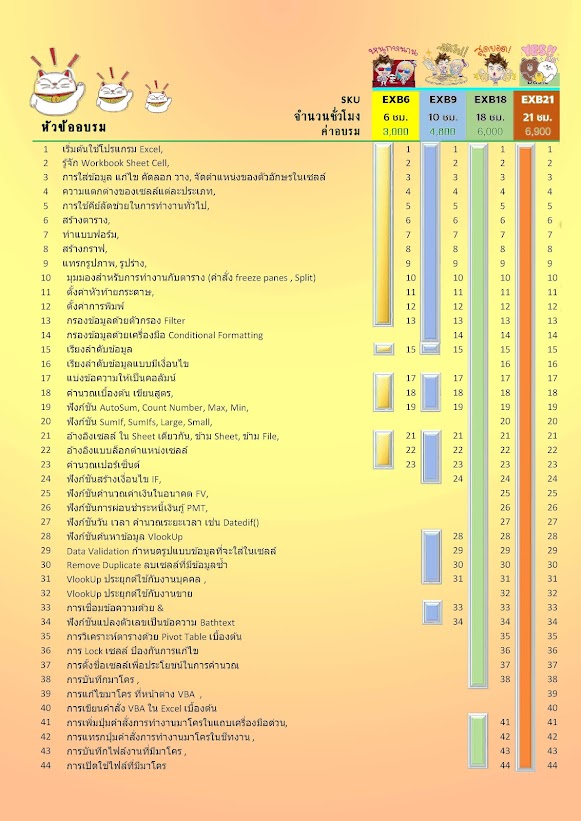 ตารางเทียบหลักสูตร Excel แต่ละระดับ