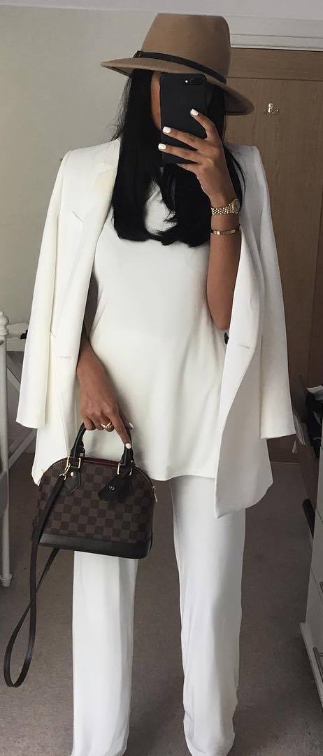 how to style a nude hat : white suit + blouse + bag
