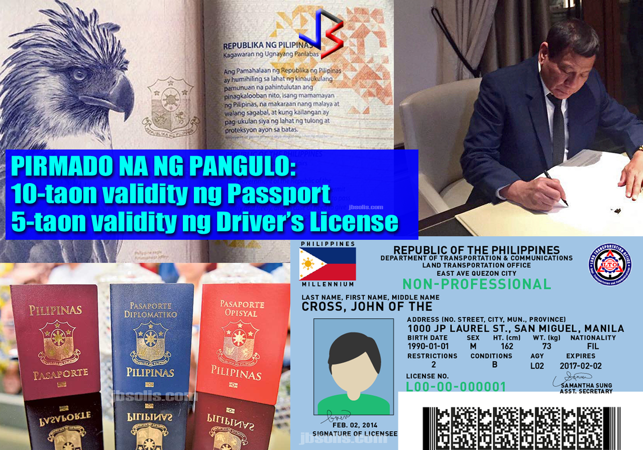 President Rodrigo Duterte signed into law on Wednesday Republic Act 10928 extending the validity of Philippine passports to 10 years. The new law states that “Regular passports under this act shall be valid for a period of 10 years. Provided, however, that for individuals under 18 years of age, only a passport with five-year validity shall be issued.”  Republic Act 10928 amends Republic Act 8239 or the Philippine Passport Act of 1996.  The new law also states that the issuing authority may limit the validity to less than 10 years in cases where national economic interest or political stability is at stake.  But do not get excited that the Department of Foreign Affairs will issue passports with longer validities soon. The DFA has to prepare the implementing rules and regulations of RA 10928 first, to ensure that its provisions will be implemented.  The President also signed Republic Act 10930, which extends the length of the driver's license’s validity to 5 years. The law amends Section 23 of RA 4136 or the Land Transportation and Traffic Code, which set a three-year validity for the license.  “Except for student permits, all drivers’ licenses shall be valid for five years reckoned from the birth date of the licensee, unless sooner revoked or suspended,” the new law says.  Under the law's Section 23, a driver holding a license with a 5-year validity may even be granted a license with a 10-year validity upon renewal if found that he or she has “not committed any violation of RA 4136 and other traffic laws, rules and regulations.”  The law also mandates the establishment of stricter rules before the issuance of driver’s licenses.  A fine of P20,000 shall be imposed on a driver’s license applicant if found to have misrepresented material information in his or her application, connived with the officer in the irregular conduct of examinations or issuance of license, falsified documents, or cheated during examinations.  Both laws will be enforced and take effect  take effect 15 days after publication in the Official Gazette or in a newspaper of general circulation. The DFA and LTO will now write and publish the implementing rules and regulations for each of their jurisdictions.