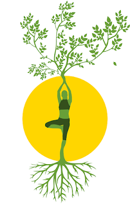 A drawing of a woman doing yoga, with her feet as roots and her hands as branches of a tree.