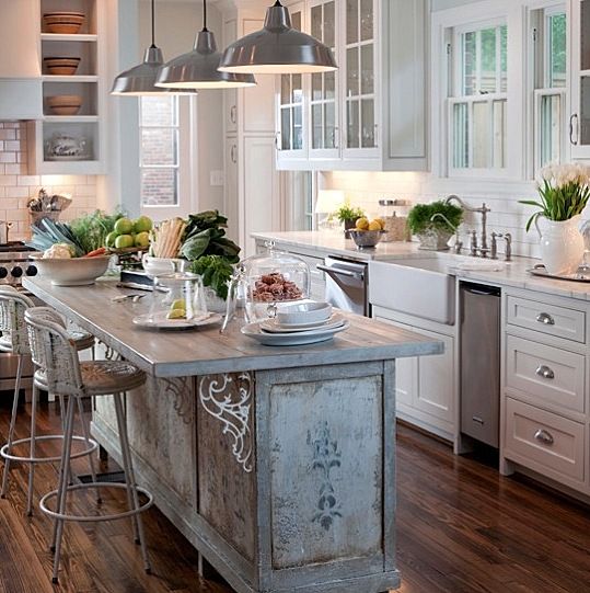 Rustic modern farmhouse kitchen with antique used as island