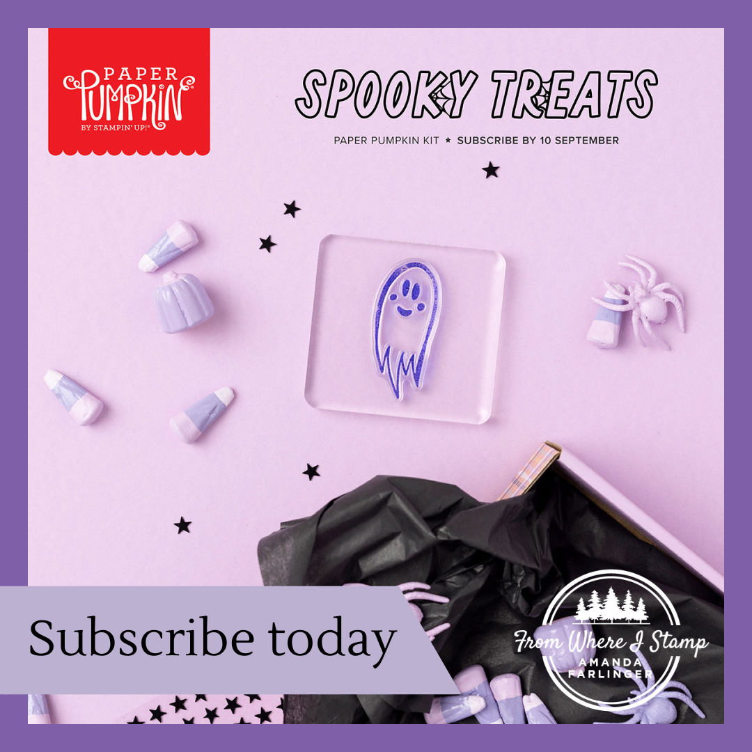 a ghost stamp inked with purple ink on a clear block with black star adhesive backed embellishments, purple candy corn, pumpkins and spiders to give an idea of what images are used in the Spooky Treats Paper Pumpkin kit. Subscribe by September 10 to receive the kit.