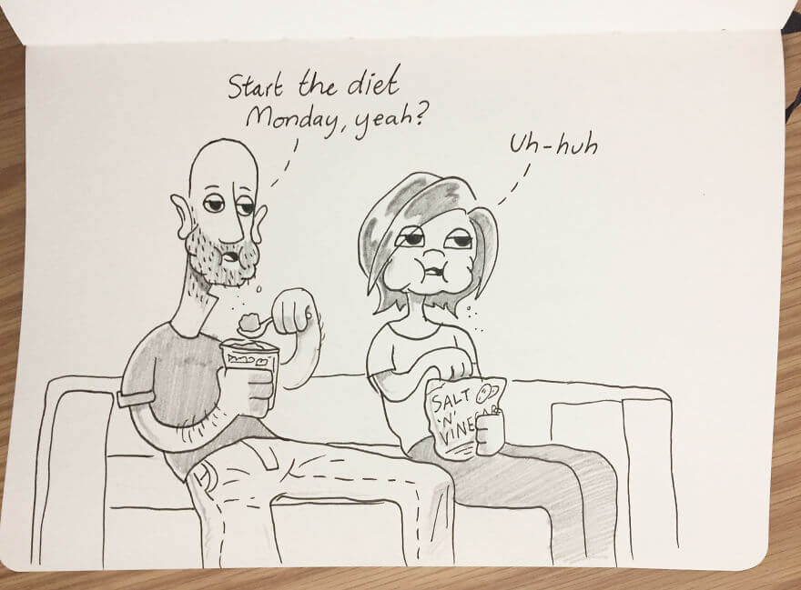 Guy Has Been Drawing A Comic Every Day For His Partner For Five Whole Years - Monday Never Comes (My Weakness Is Chocolate Ice Cream, Kellie's Is Crisps, Chips)