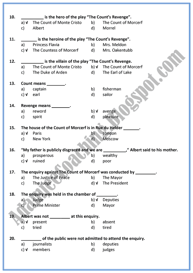 The-Counts-Revenge-Characters-MCQs-English-XI