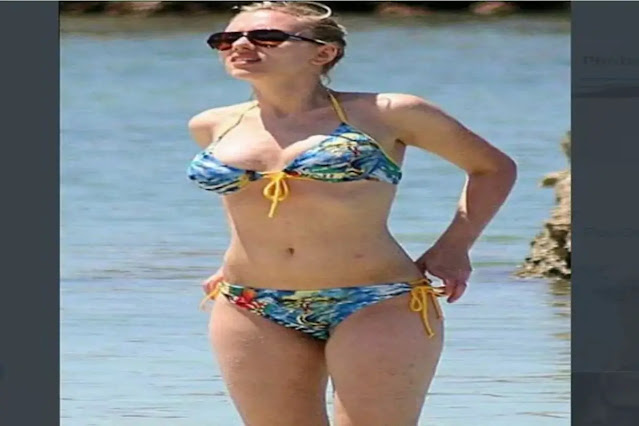 sexy scarlett johansson looking so hot and sexy in  golden bikini on beach