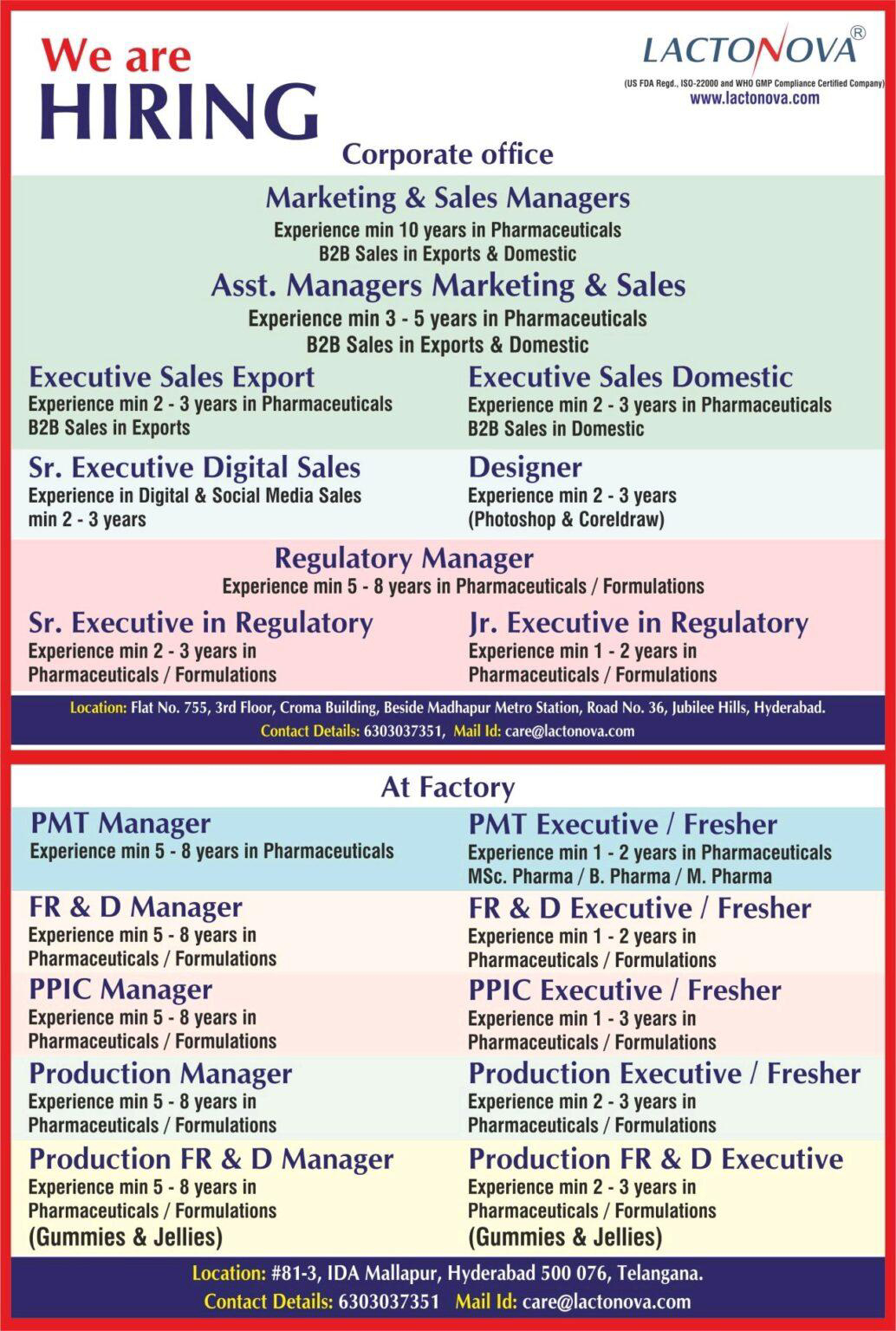 Job Available's for Lactonova Nutripharm Job Vacancy for Fresher’s & Experienced/ Marketing & Sales Managers/ Regulatory Manager/ FR&D/ Production/ PPIC/ PMT