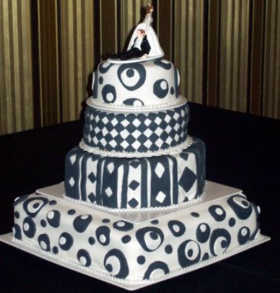 Black and white Topsy Turvy black and white wedding cake with four tiers
