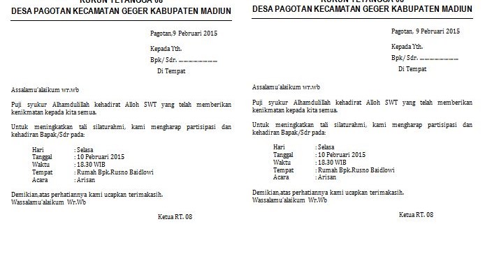 Contoh Surat Undangan Arisan Rutin RT Ukuran HVS 2 Kolom