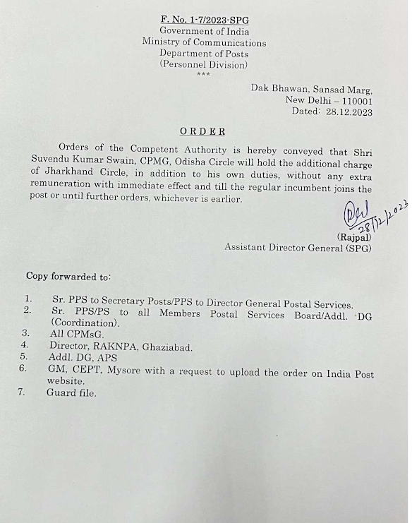 Additional Charge of CPMG, Jharkhand Circle 