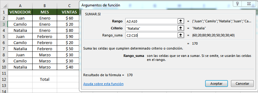 funcion sumarsi en excel