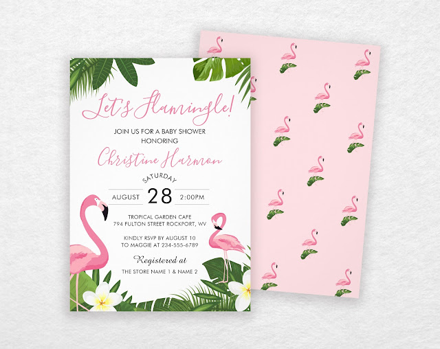  Let's Flamingle Tropical Pink Flamingo Baby Shower Card