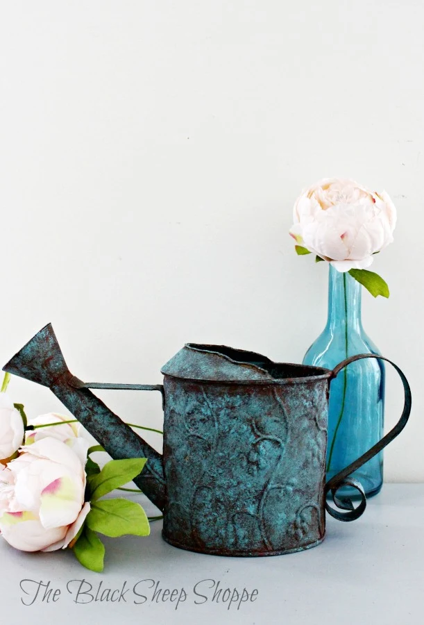 Watering can painted with a faux rusty finish.