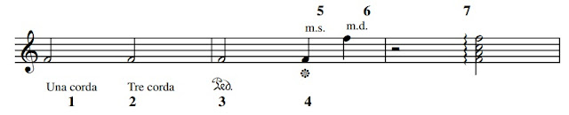 1. - Una corda stands for 'one string' which is to use the left pedal  (damper pedal) on the piano 2. - Tre corda or 'three strings' means to liftthe left (damper) pedal. 3. - Ped is short for 'pedal' meaning use the right or sustain pedal.  4. - Release the right (sustain) pedal. 5. - m.s. - mano sinistra i.e. play with the left hand. 6. - m.d. - mano destra i.e. play with the right hand. 7. - spread the notes of a chord, starting at the bottom much like a  rapid arpeggio.