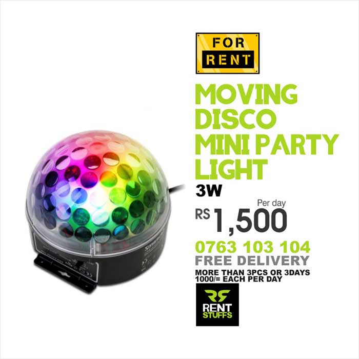 Disco Light Mini Party Lamp LED 3W Effect for Rent.  For small indoor / outdoor functions etc  Rent per day 1500/=  RGB Color Functions  Free delivery in and around Colombo area. Spacial rate for more than 3 days.  Hotline 0763 103 104 https://www.facebook.com/rentstuffs/  #floorfan #gardenfan #rent #fanrent #rentstuffs #discolight #minipartylamp