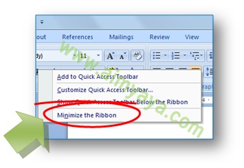 Gambar: akses menu untuk menyembunyikan atau memunculkan ribbon di microsoft word