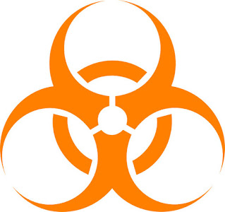 Símbolo de riesgo biológico, biohazard, peligro biológico, agentes infecciosos, salud humana, fondo naranja, advertencia, peligro