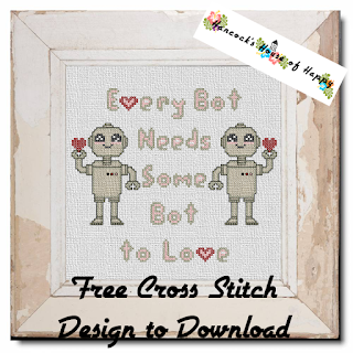 a pair of cute cross stitch robots