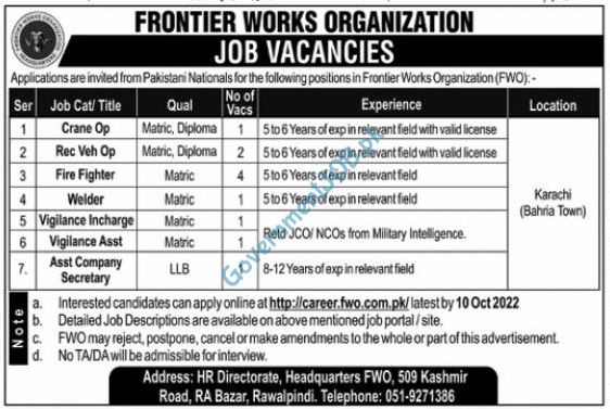 Frontier Works Organization FWO Jobs October 2022