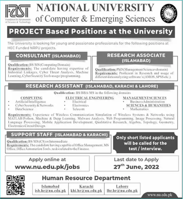 HEC Funded Project  2022 Fast University Jobs  www.nu.edu.pk