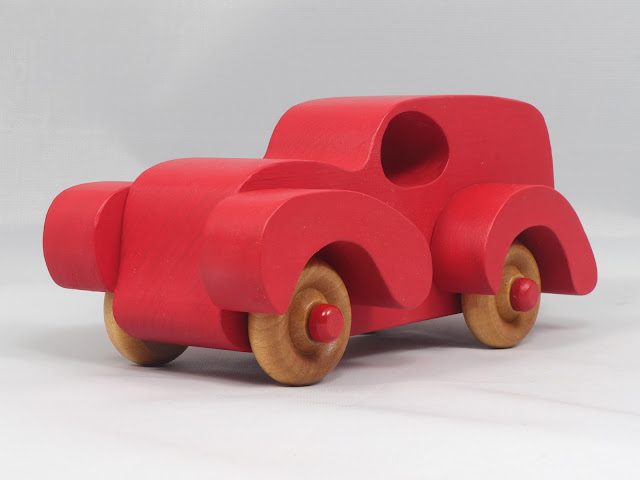 Handmade Wood Toy Truck Fat Fendered Freaky Ford Panel Wagon Hand Painted With Bright Red Acrylic Paint and Amber Shellac 1413270977
