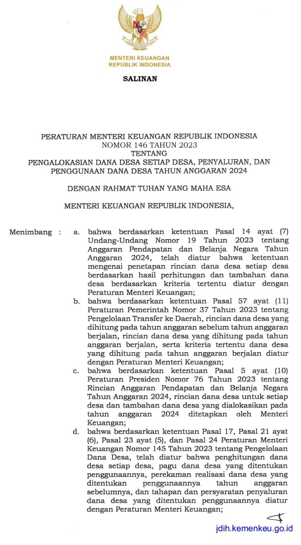 PMK Nomor 146 Tahun 2023 Tentang Pengalokasian Dana Desa Setiap Desa, Penyaluran, dan Penggunaan Dana Desa Tahun Anggaran 2024