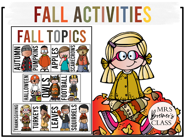 Fall activities about pumpkins, autumn, apples, scarecrows, Thanksgiving, Halloween, and more for Kindergarten, First Grade and Second Grade