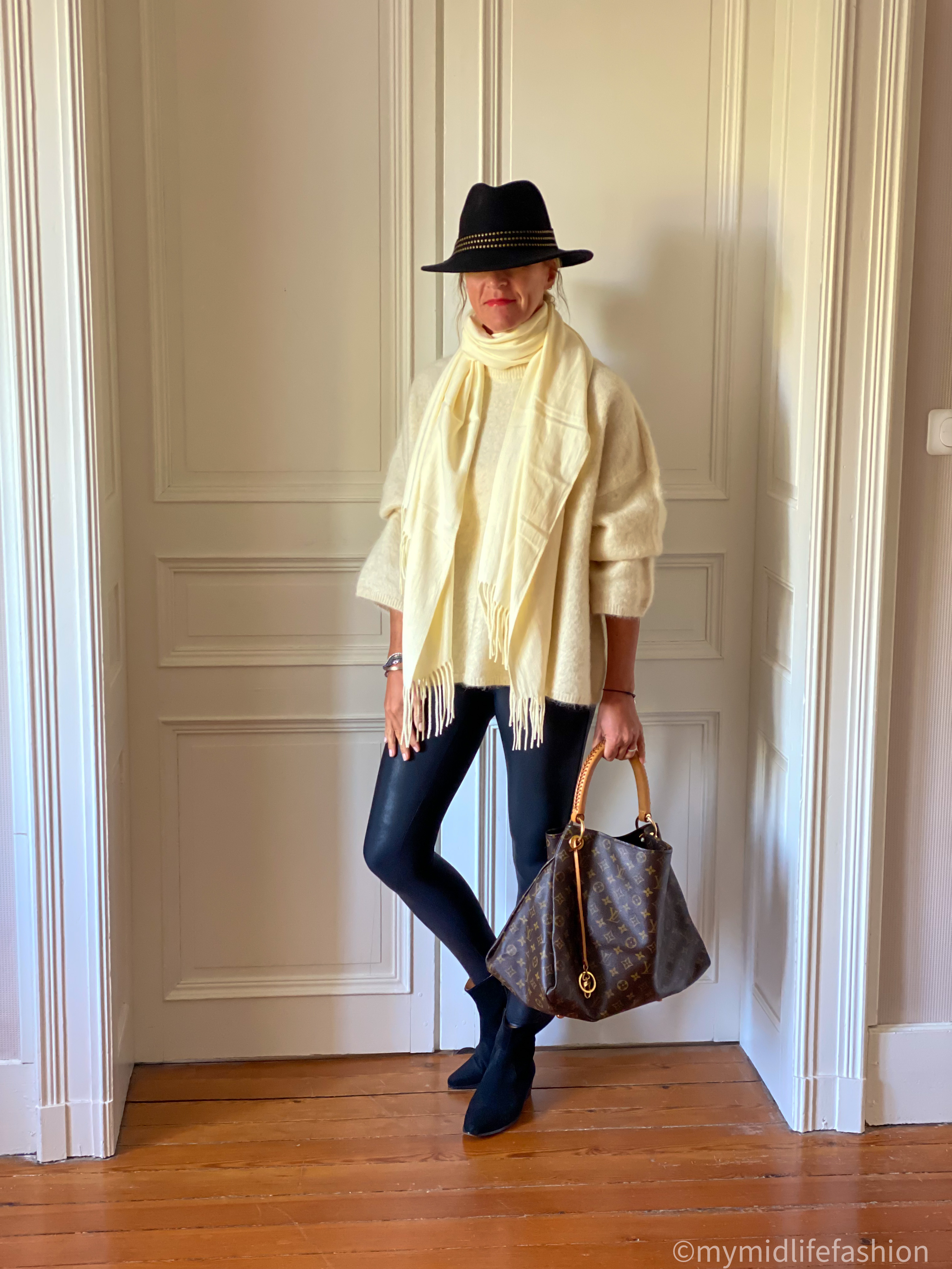 my midlife fashion, John Lewis fedora hat, h and m mohair jumper, amazon oversized scarf, Spanx faux leather leggings, iro suede ankle boots, Louis Vuitton tote