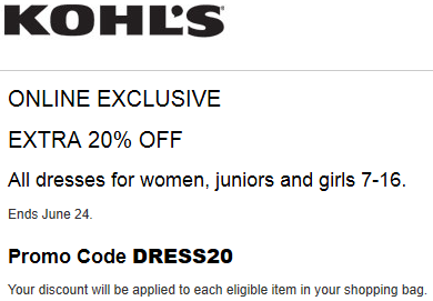 Kohl's Coupon save 20% Off Dresses for Women, junior, and girl