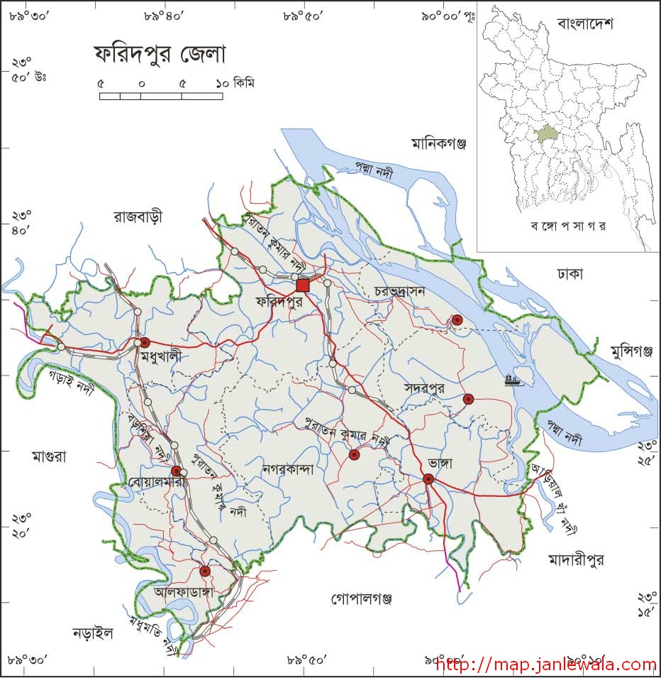 ফরিদপুর জেলা মানচিত্র, ঢাকা বিভাগ, বাংলাদেশ