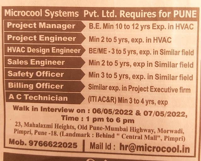 Microcool System Pvt. Ltd - Walk-In Interview on 6th May 2022 for Project Manager / Project Engineer / HVAC Design Engineer / Sales Engineer / Safety Officer / Billing Officer / A C Technician AndhraShakthi - Pharmacy Jobs