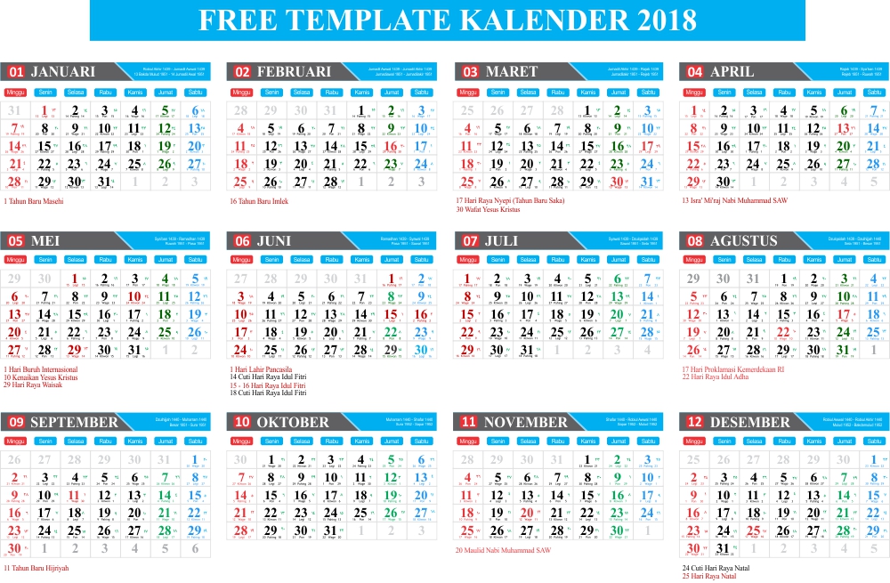 Download Gratis Free Template Kalender 2018 Lengkap 
