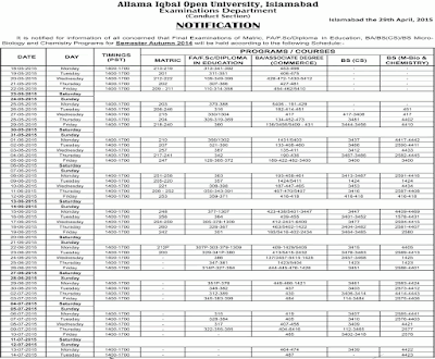 AIOU Examination Schedule 