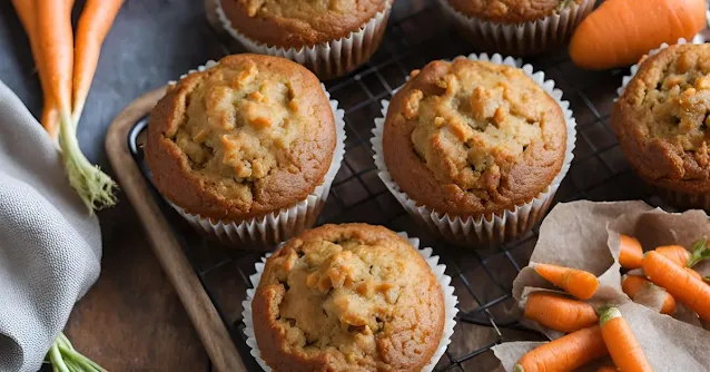 Carrot muffins topped with walnuts in a baking tray