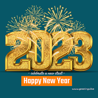 2023 New Year wishes image with 3D golden text and fire works teal blue background colour