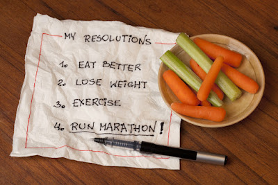 A piece of paper with four New Year's resolutions written on it: 1) eat better 2) lose weight 3) exercise 4) run marathon. There is a plate full of carrots and celery on top of the paper. 