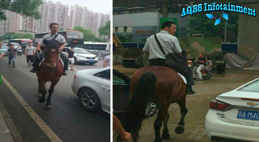 Seorang pria warga Wuhan, China, benar-benar jengah dengan kemacetan lalu-lintas di kota itu. Gara-gara macet saban hari dia terlambat ke tempat kerja. Dia pun mengistirahatkan mobilnya di garasi dan naik kuda setiap pergi ke tempat kerja.