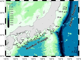 Posiciones instaladas de sitios de observación geodésicos del fondo marino