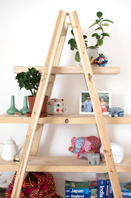 a wooden shelf with books and plants on top of it