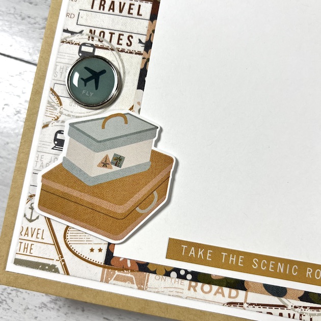 Beautiful Place Travel Scrapbook Album page with airplane, brad, and luggage