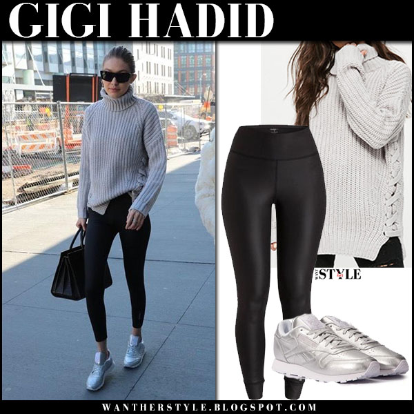 Gigi Hadid in grey knit sweater and black leggings in New York on January  15 ~ I want her style - What celebrities wore and where to buy it.  Celebrity Style
