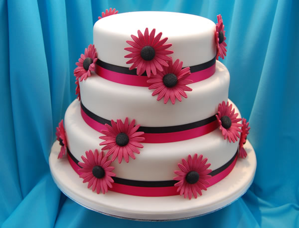 Picture of Pink and Black Flowers Wedding Cake by Cake Beyond Belief