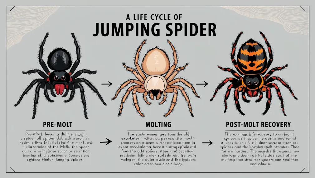 Diagram showing the stages of a jumping spider's molting process: pre-molt, molting, and post-molt recovery.