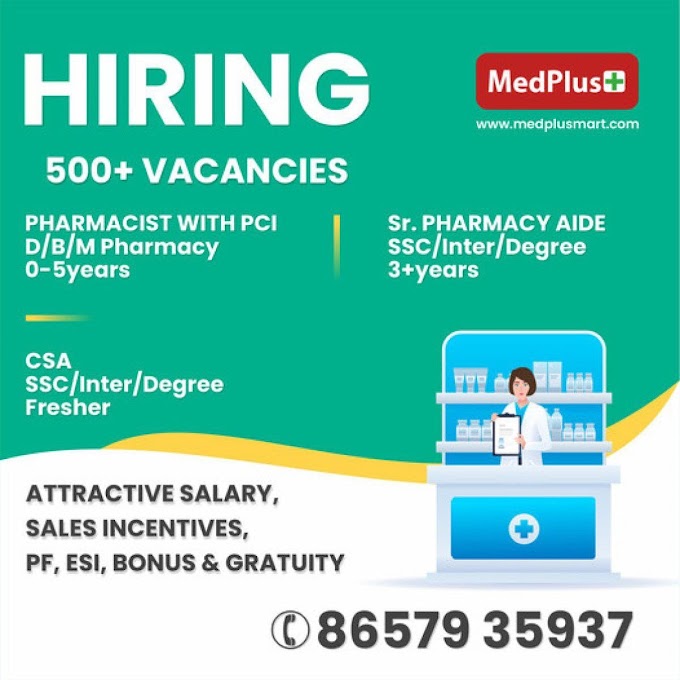 Medplus+ - 500+ vacancies for freshers & Experienced candidates recruitment in 2021.