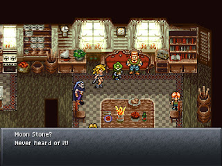 The team questions the elder of Porre about a suspicious light pouring out of his house in Chrono Trigger. (He stole the Moon Stone, you see.)