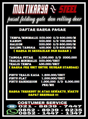 Gambar CV.Multikaryasteel Pusat informasi tentang daftar harga jual murah permeter2 produk Bengkel las listrik seperti pagar besi model lipat atau dorong, kanopi, balkon, railling tangga dan tralis besi minimalis dan tempa harga termurah untuk wilayah Tangerang, serpong, bsd, bintaro, citra raya, karawaci, cikupa, tigaraksa, alam sutra, jakarta, jakarta barat, jakarta timur, jakarta selatan, jakarta utara dan jakarta pusat