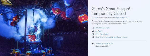 Stitch's Great Escape Temporarily Closed Disney World Website August 6th 2019