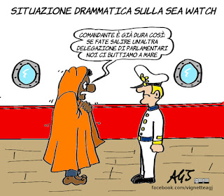 migranti, seawatch, delegazioni parlamentari, ong, satira, vignetta